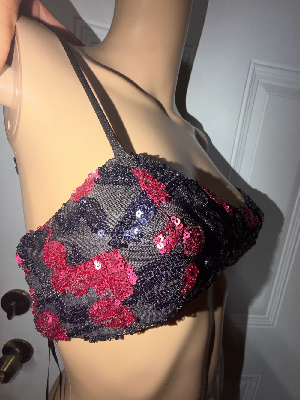 Hello Molly Black Mesh Sequin Bra with Hot Pink & Navy Accents
